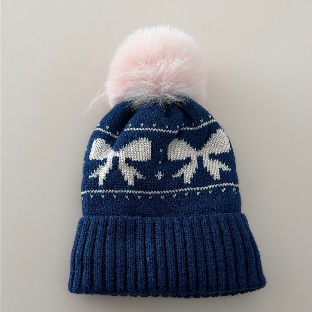 Kids Blue and Pink Pom-Pom Beanie